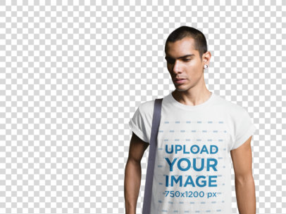 Transparent Mockup of a Short-Haired Serious Man Wearing a T-Shirt a19962