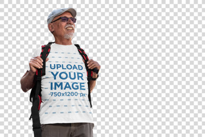 Transparent T-Shirt Mockup Featuring a Senior Man Standing in Front of a Classic Building 