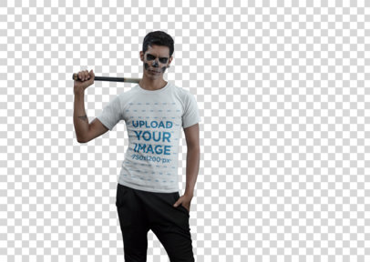 Transparent Mockup of a Man With a Bat Wearing a T-shirt