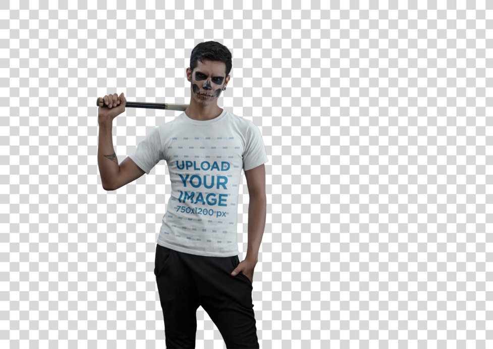 Transparent Mockup of a Man With a Bat Wearing a T-shirt