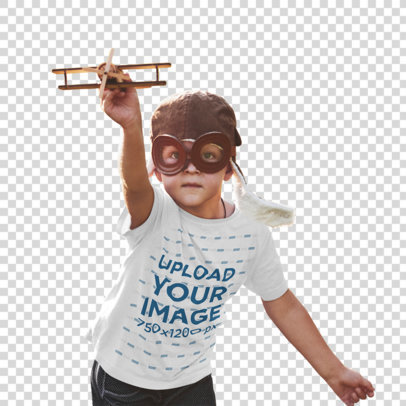 Transparent T-Shirt Mockup Featuring a Kid Playing With a Small Plane 