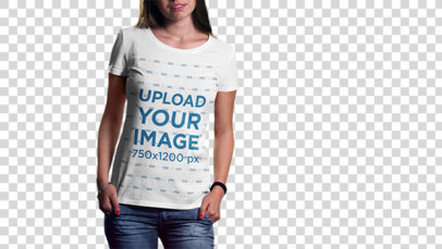 Transparent Mockup of a Woman Wearing a T-Shirt Featuring a City in the Background
