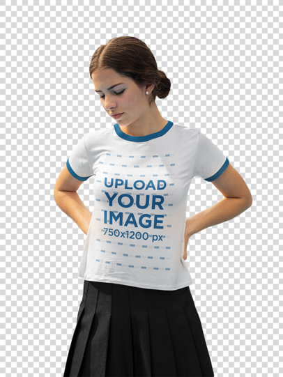 Transparent Beautiful Teenager Wearing a Ringer Tshirt Mockup While Looking Down