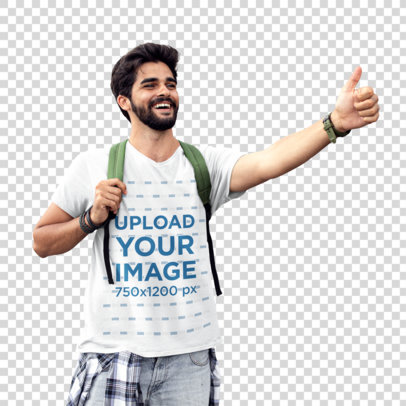 Transparent V-Neck Tee Mockup of a Happy Traveller with His Thumb Up 41322-r-el2