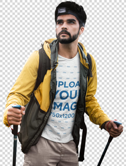 Transparent T-Shirt Mockup of a Bearded Man on a Hike