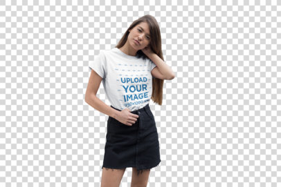 Transparent T-Shirt Mockup of a Young Woman Standing by an Urban Stairway