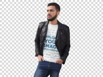 Transparent Young Hipster Hispanic Man Wearing a Round Neck Tee and a Leather Jacket While Hanging Out Mockup