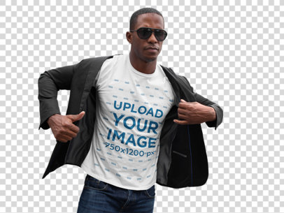Transparent Mockup Featuring a Cool Man With Sunglasses Wearing a T-Shirt in the City 