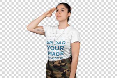 Transparent Mockup of a Woman Wearing a T-Shirt and Military Clothing while Saluting 21228