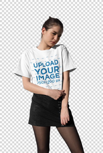 Transparent Tee Mockup Featuring a Cute Shy Woman Posing in Front of a Brick Wall 
