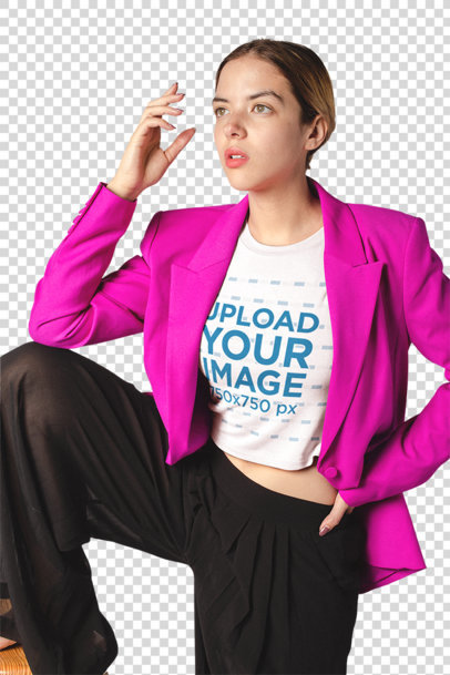 Transparent White Woman Posing Wearing a Crop Top T-Shirt Mockup