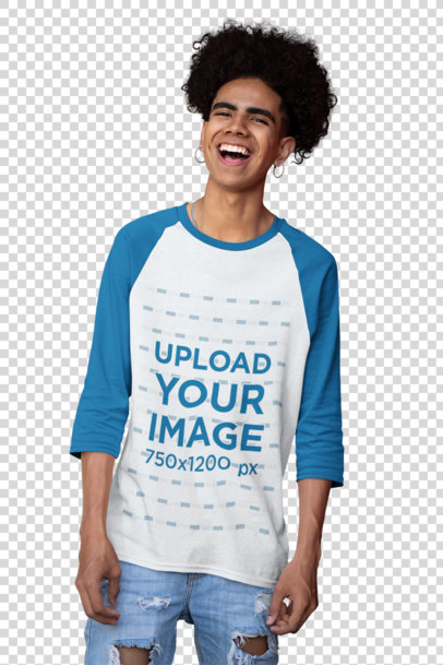 Transparent Three-Quarter Sleeves Raglan T-Shirt Mockup Featuring a Man with Natural Hair 30228