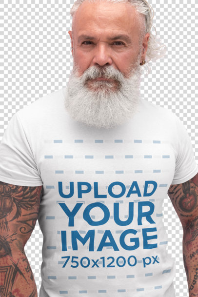Transparent T-Shirt Mockup of a Senior Man with a White Beard and Tattooed Arms 28420
