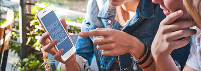 Wide Mockup of Two Friends holding iPhone 6
