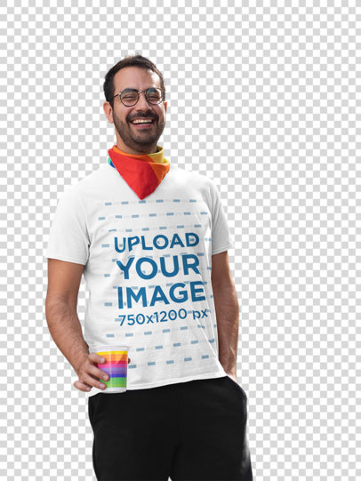 Transparent T-Shirt Mockup Featuring a Happy Man Enjoying the Celebration of LGBTQ Pride