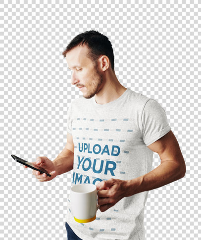 Transparent Mockup of a Man Wearing a Heathered Tee While Having a Coffee at Home