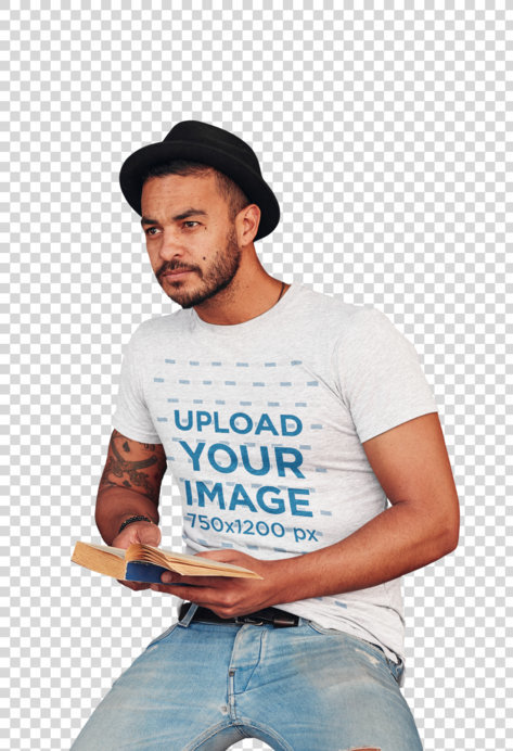 Transparent Heather T-Shirt Mockup of a Man Reading at a Pub