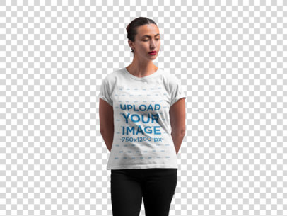 Transparent Mockup of a Woman Wearing a T-Shirt Against a Red Wall