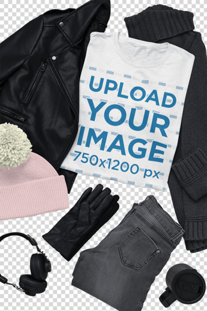 Transparent Outfit Mockup of a T-Shirt Surrounded by Winter Garments