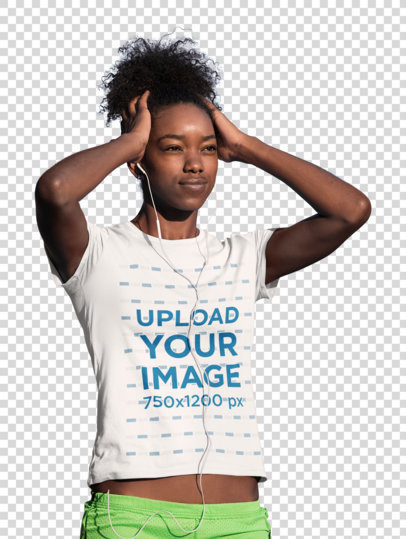 Transparent T-Shirt Mockup of a Woman Listening to Music Before an Outdoor Run