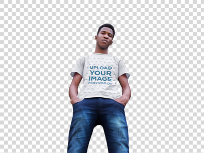 Transparent Young Man Looking down While Wearing a Tshirt Mockup