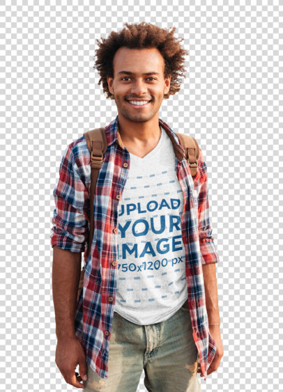 Transparent Mockup of a Happy Man Wearing a Heathered V-Neck Tee 38967-r-el2
