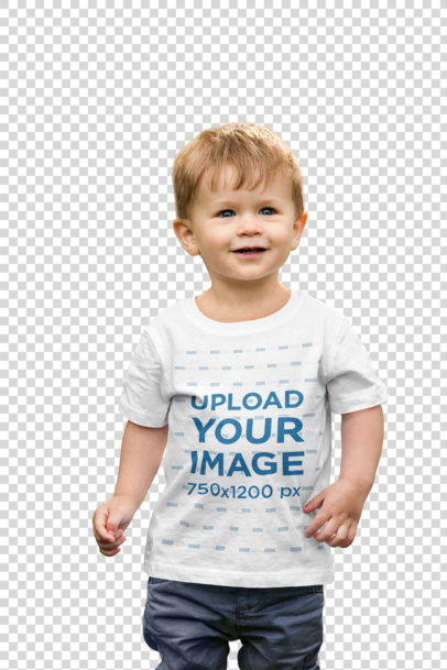 Transparent Mockup of a Toddler Wearing a T-Shirt and Walking in Nature