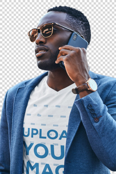 Transparent V-Neck T-Shirt Mockup of a Trendy Man Talking on the Phone
