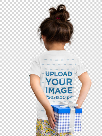 Transparent Back View T-Shirt Mockup Featuring a Little Girl Holding a Present for Her Dad 