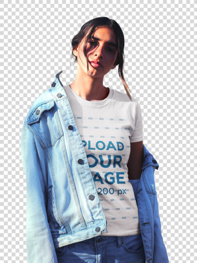 Transparent Portrait of a Woman Wearing a Round Neck Tee Mockup Outdoors
