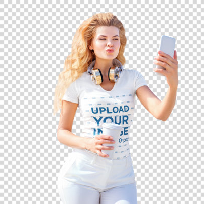 Transparent T-Shirt Mockup of a Blonde Woman Taking a Selfie on the Street 40593-r-el2