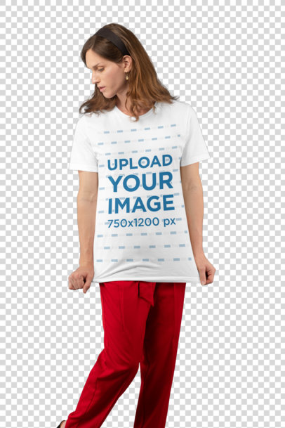 Transparent Studio Mockup of a Woman Grabbing Her T-Shirt