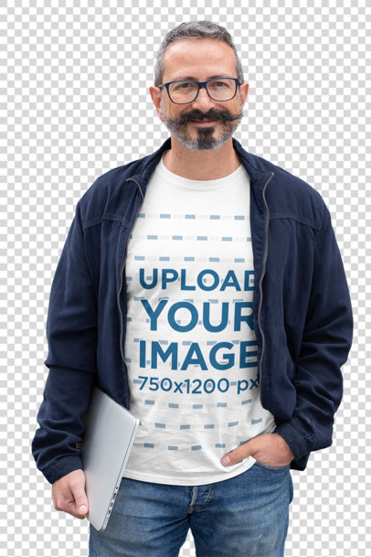 Transparent T-Shirt Mockup of a Slick Middle-Aged Man Holding a Laptop