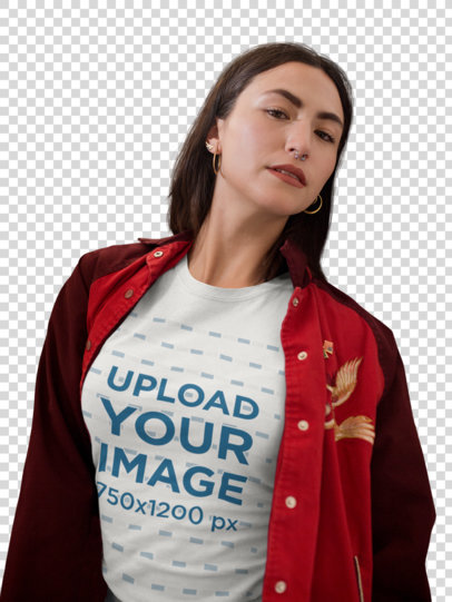 Transparent T-Shirt Mockup of a Woman Leaning on a Tile Wall
