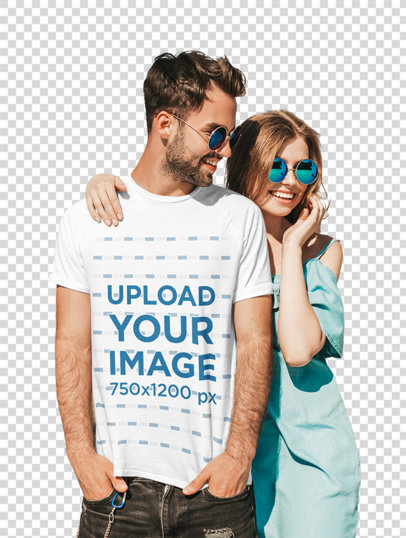Transparent T-Shirt Mockup of a Man with Sunglasses Hanging Out with His Girlfriend