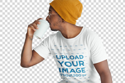 Transparent Tshirt Mockup of a Man Having a Coffee in a Paper Cup 21035