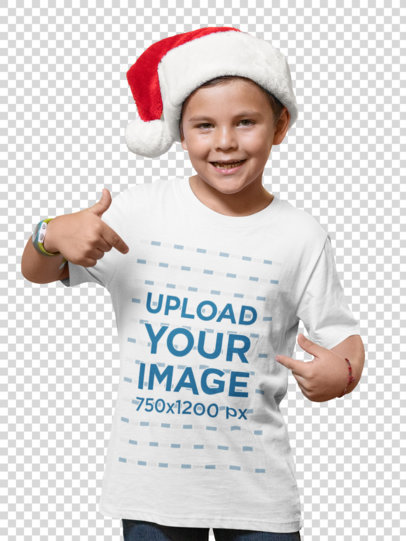 Transparent Christmas Mockup of a Kid with a Santa Claus Hat Pointing at His T-Shirt