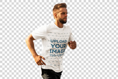 Transparent T-Shirt Mockup of a Bearded Jogger at the Beach 