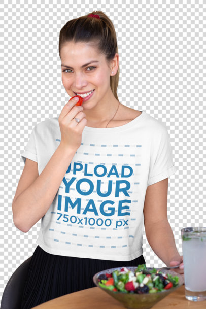 Transparent Crop Top Mockup Featuring a Woman Eating a Salad