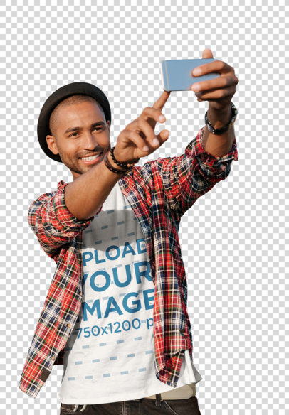 Transparent T-Shirt Mockup of a Man Wearing a Flannel Shirt and Taking a Selfie 39121-r-el2