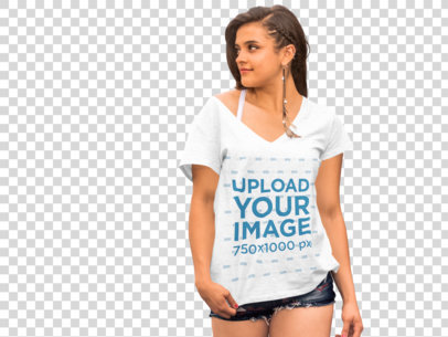 Transparent T-Shirt Mockup of a Woman Walking Past a Colorful Mural