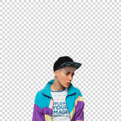 Transparent Ringer T-Shirt Mockup Featuring a Woman and a Colorful Background