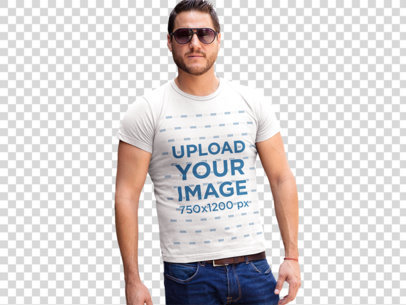 transparent t-shirt mockup of a serious bearded man wearing sunglasses a16004