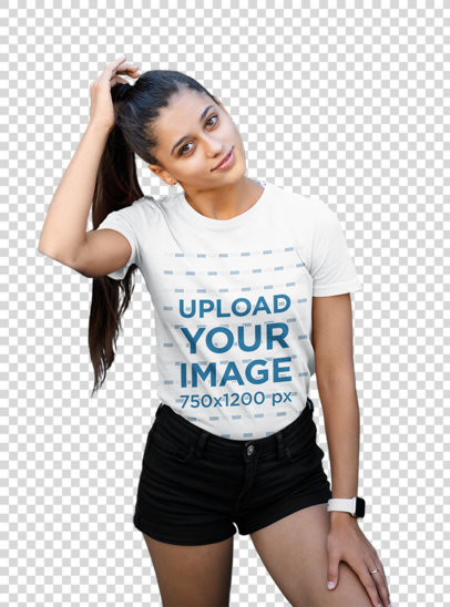 Transparent T-Shirt Mockup Featuring a Young Woman Grabbing Her Hair