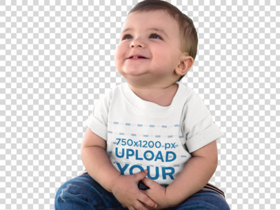 Transparent T-shirt Mockup of a Baby Boy Looking Up While Smiling a16078