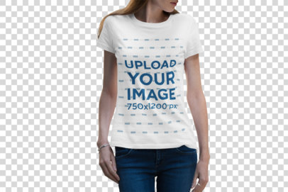 Transparent Mockup of a Woman with Basic Tee Walking on the Street