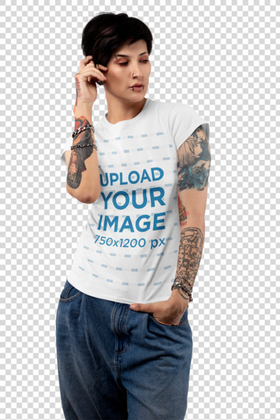 Transparent T-Shirt Mockup Featuring a Tattooed Woman with an Androgynous Look at a Studio