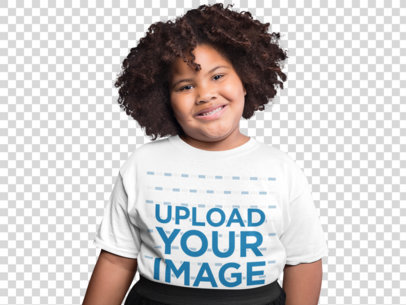 Transparent Tee Mockup of a Smiling Girl with Afro Hair Surrounded by Paper Figures