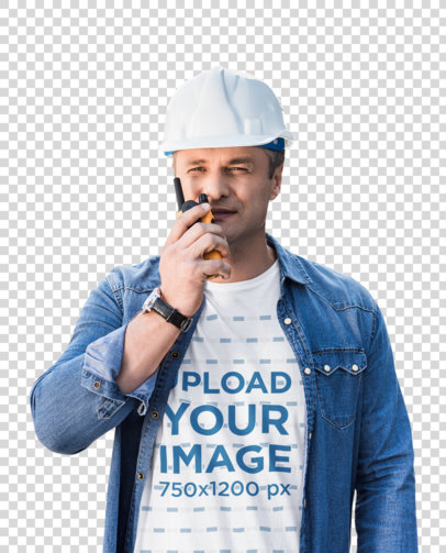 Transparent T-Shirt Mockup of a Construction Worker on-Site