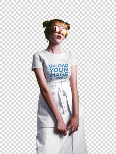 Transparent Blonde Woman Wearing a Fashion Round Neck T-Shirt Mockup and Yellow Sunglasses